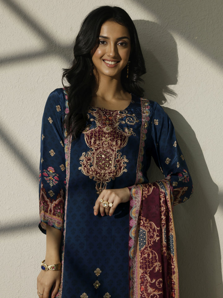 Blue Printed Muslin Straight Suit Set With Dupatta