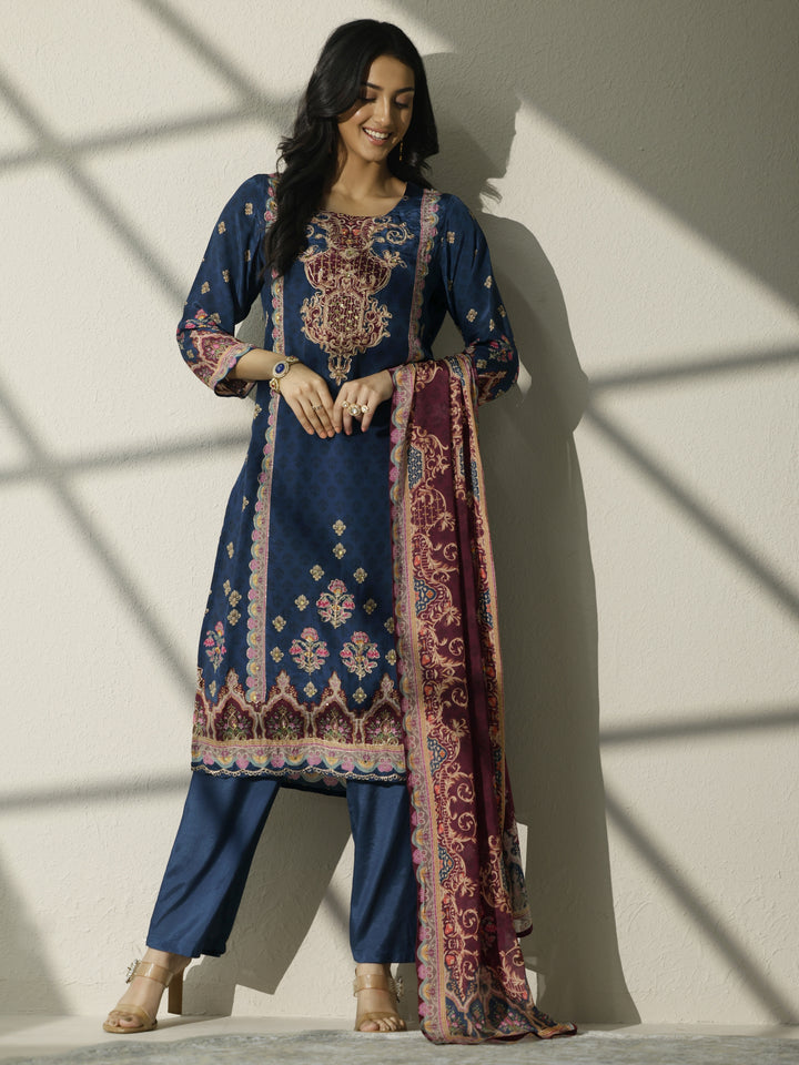 Blue Printed Muslin Straight Suit Set With Dupatta