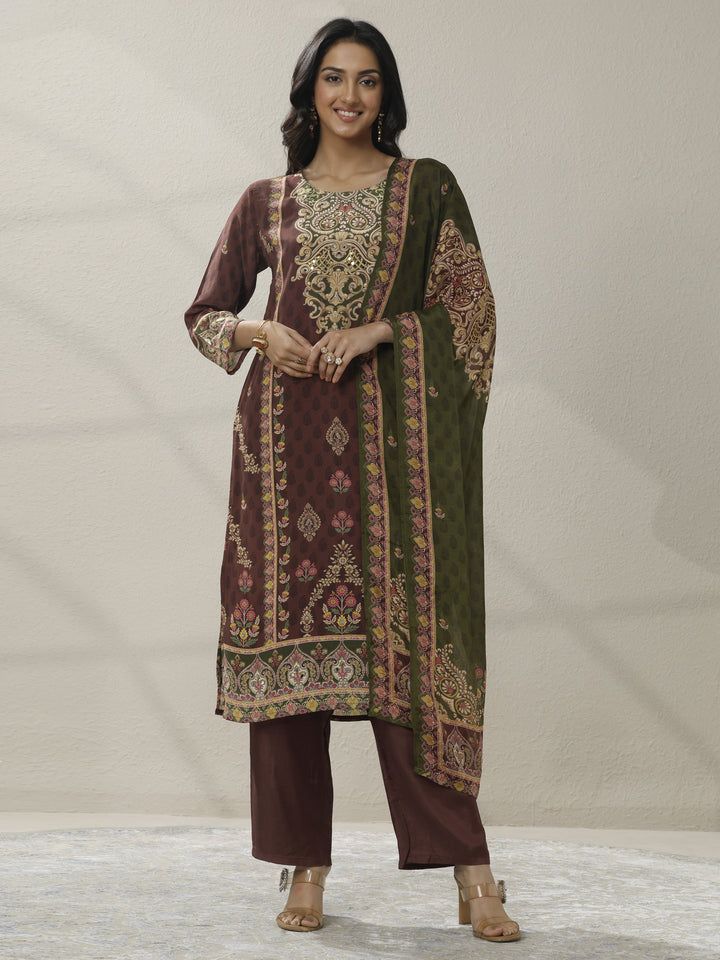 Rust Printed Muslin Straight Suit Set With Dupatta