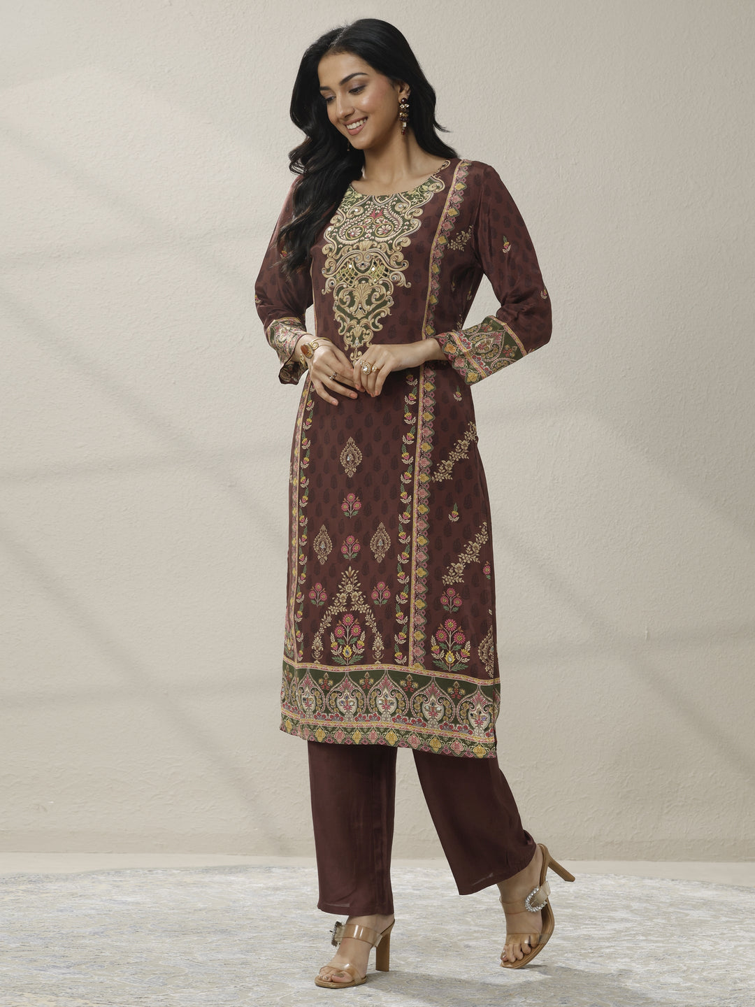 Rust Printed Muslin Straight Suit Set With Dupatta
