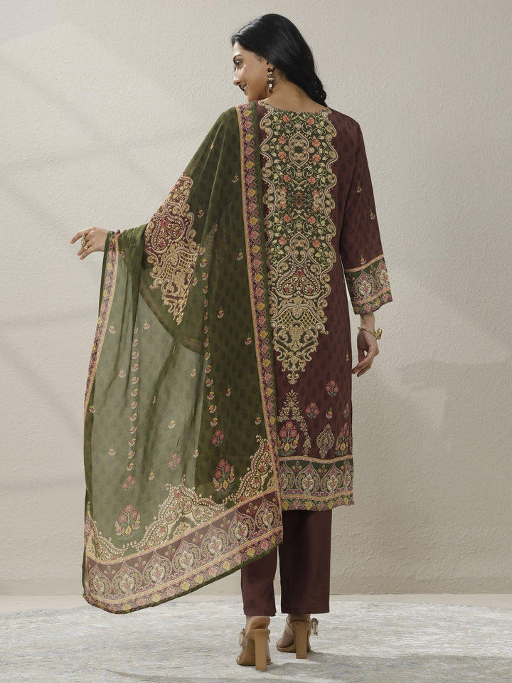 Rust Printed Muslin Straight Suit Set With Dupatta
