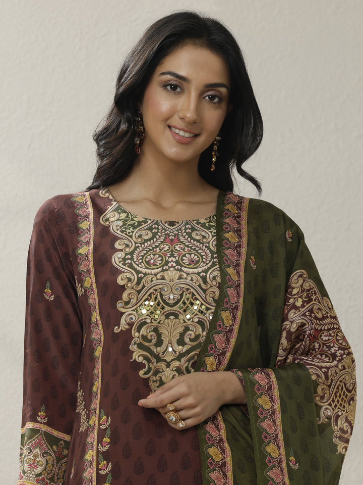 Rust Printed Muslin Straight Suit Set With Dupatta