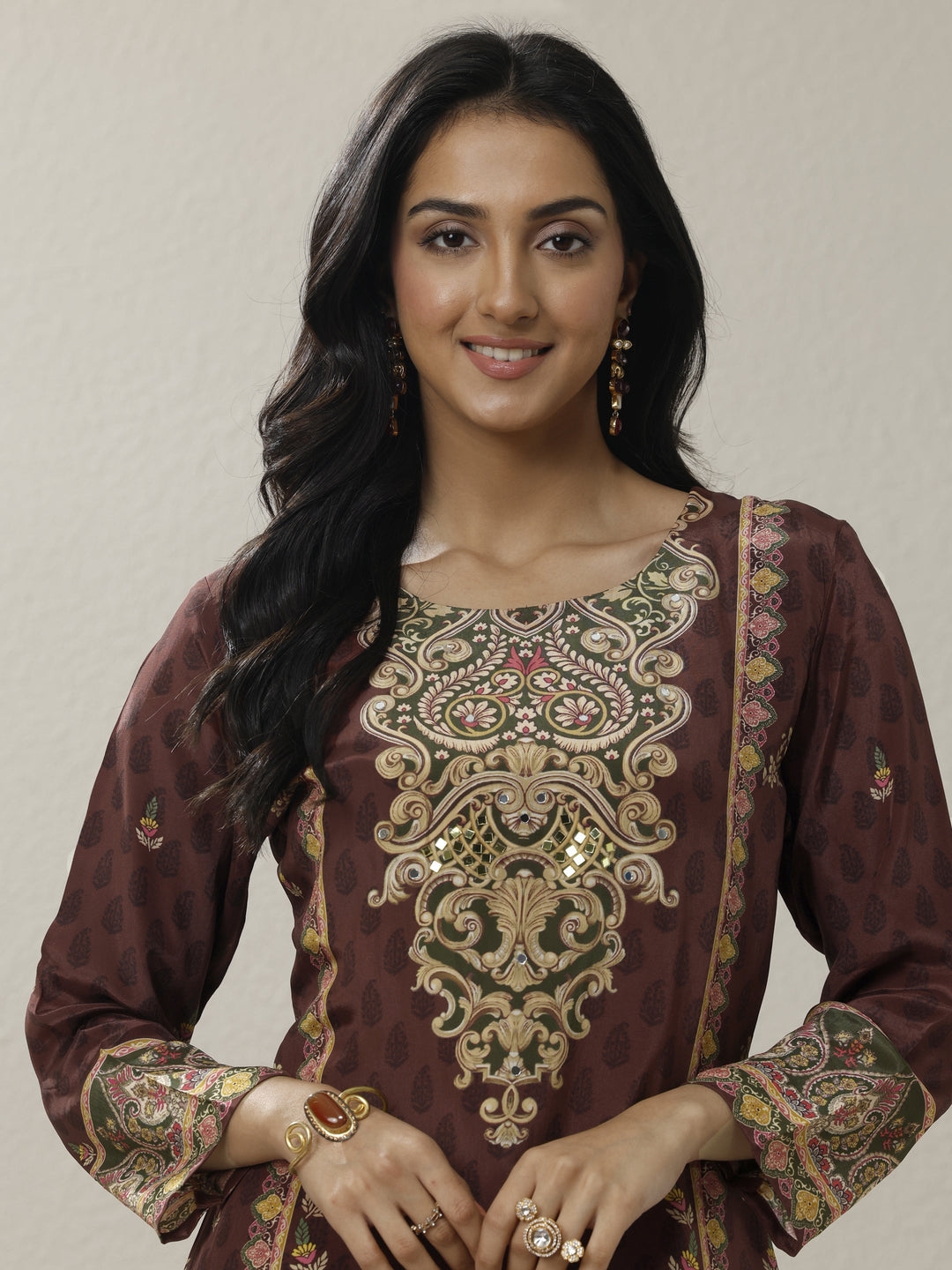 Rust Printed Muslin Straight Suit Set With Dupatta