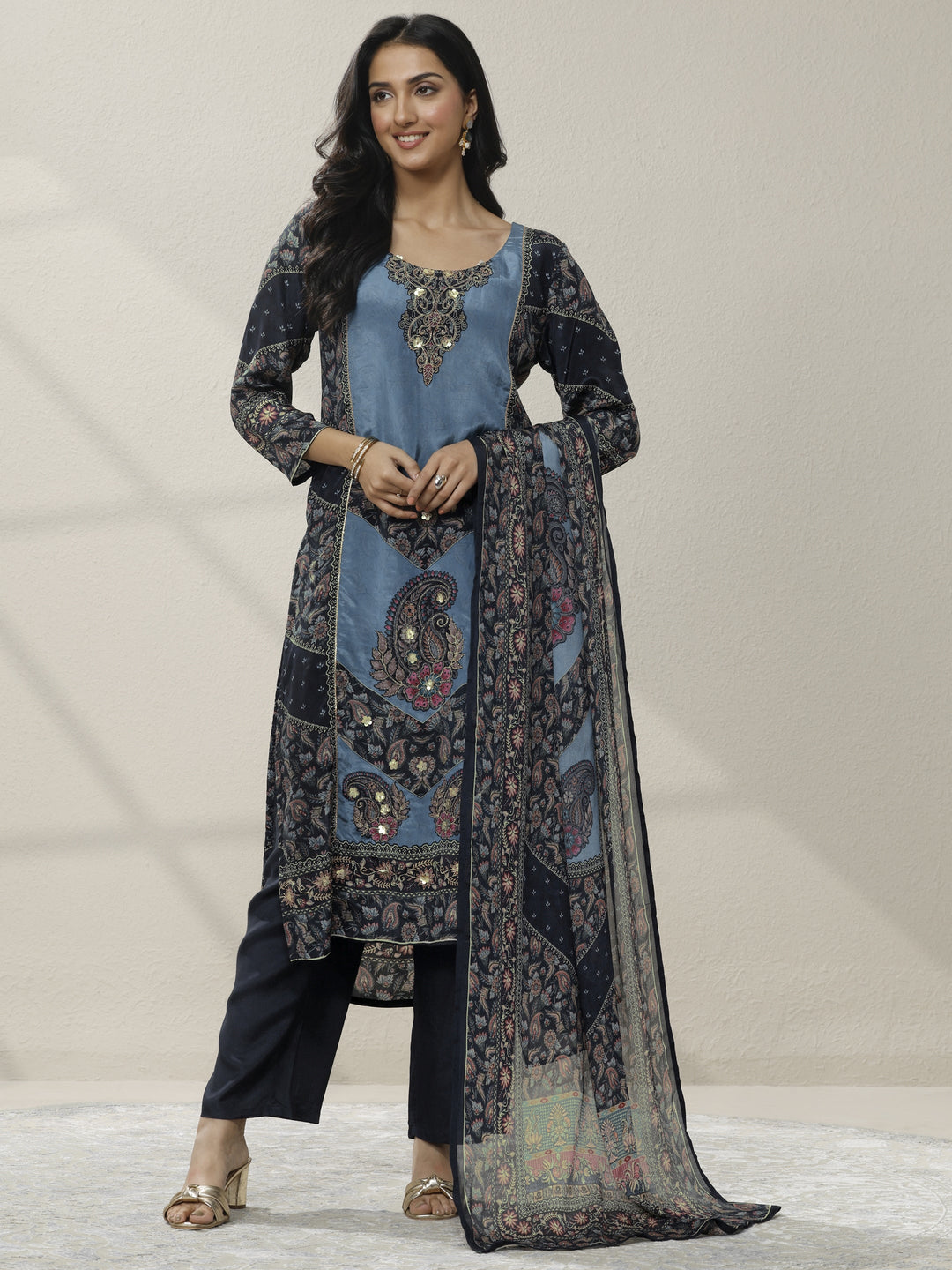 Blue Printed Muslin Straight Suit Set With Dupatta