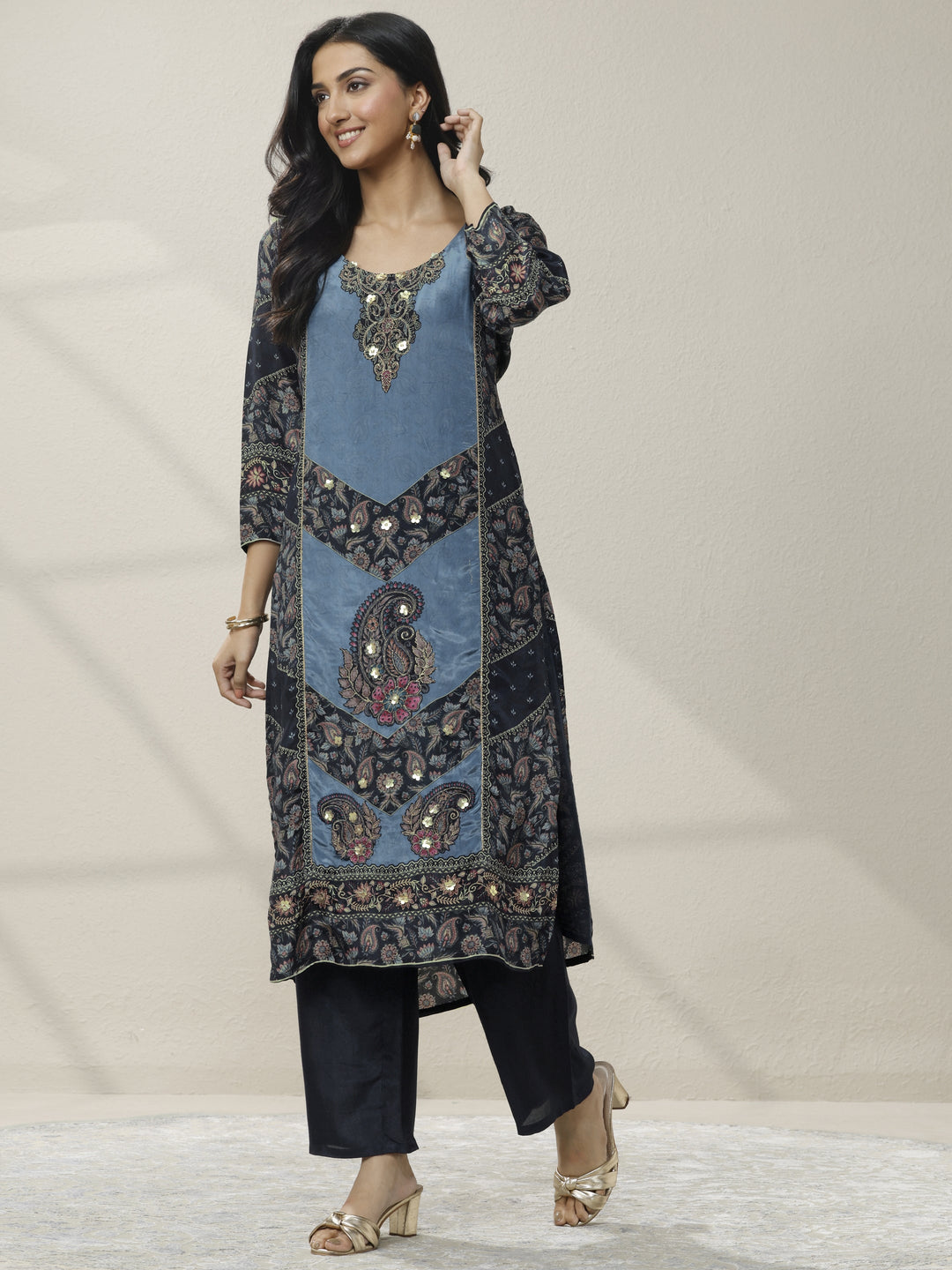 Blue Printed Muslin Straight Suit Set With Dupatta