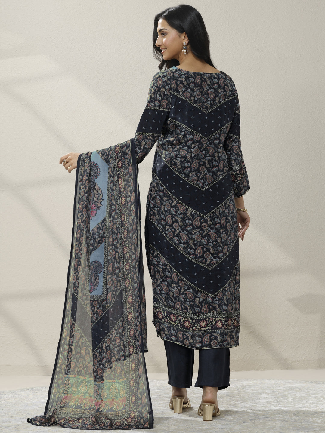 Blue Printed Muslin Straight Suit Set With Dupatta