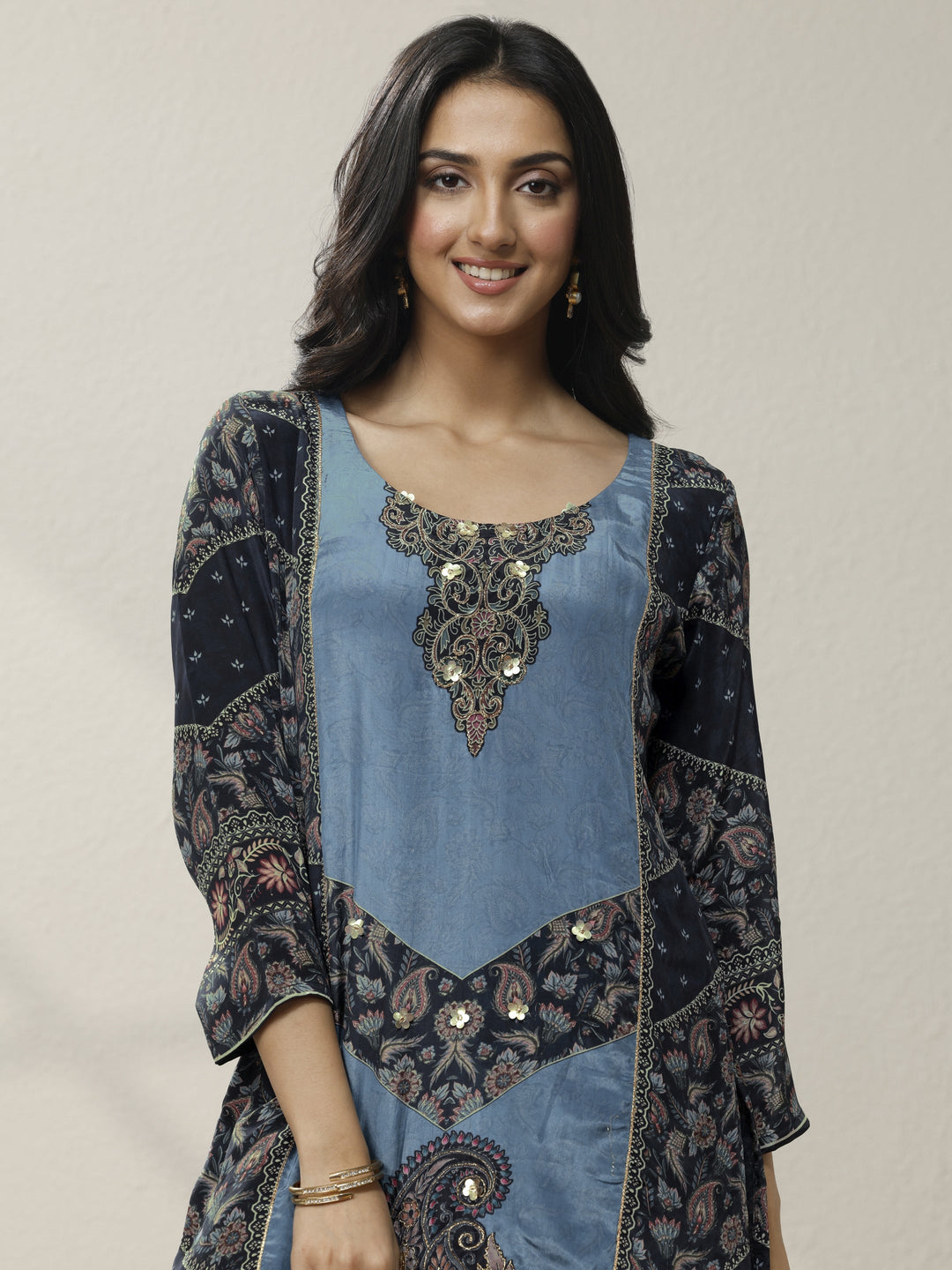 Blue Printed Muslin Straight Suit Set With Dupatta