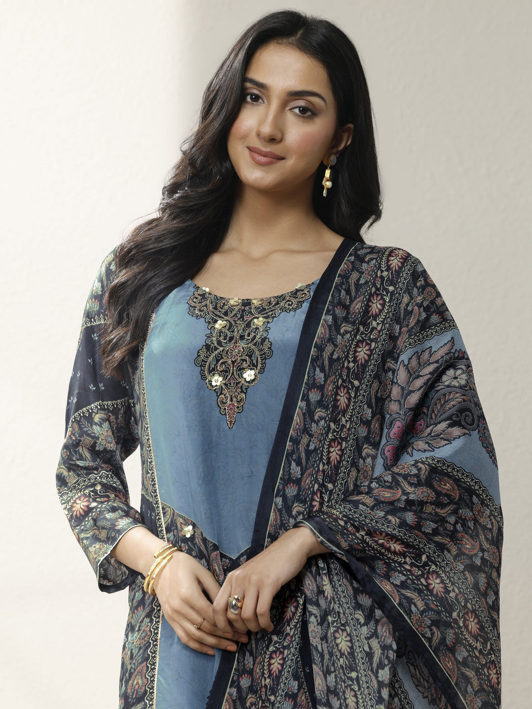 Blue Printed Muslin Straight Suit Set With Dupatta