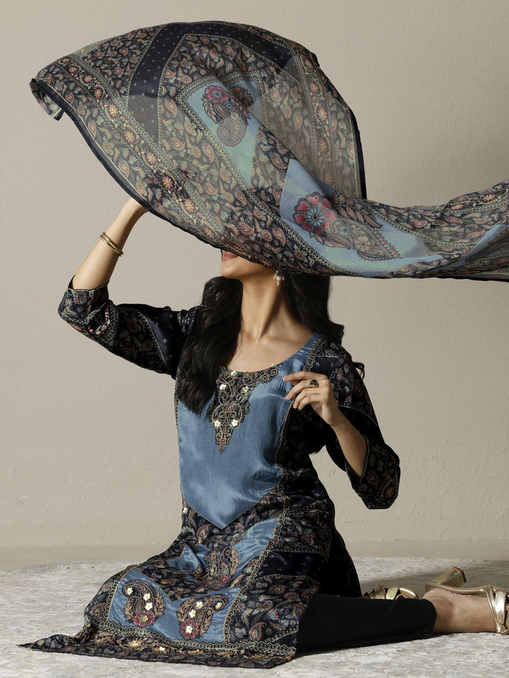 Blue Printed Muslin Straight Suit Set With Dupatta