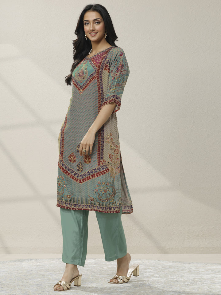Grey Printed Muslin Straight Suit Set With Dupatta
