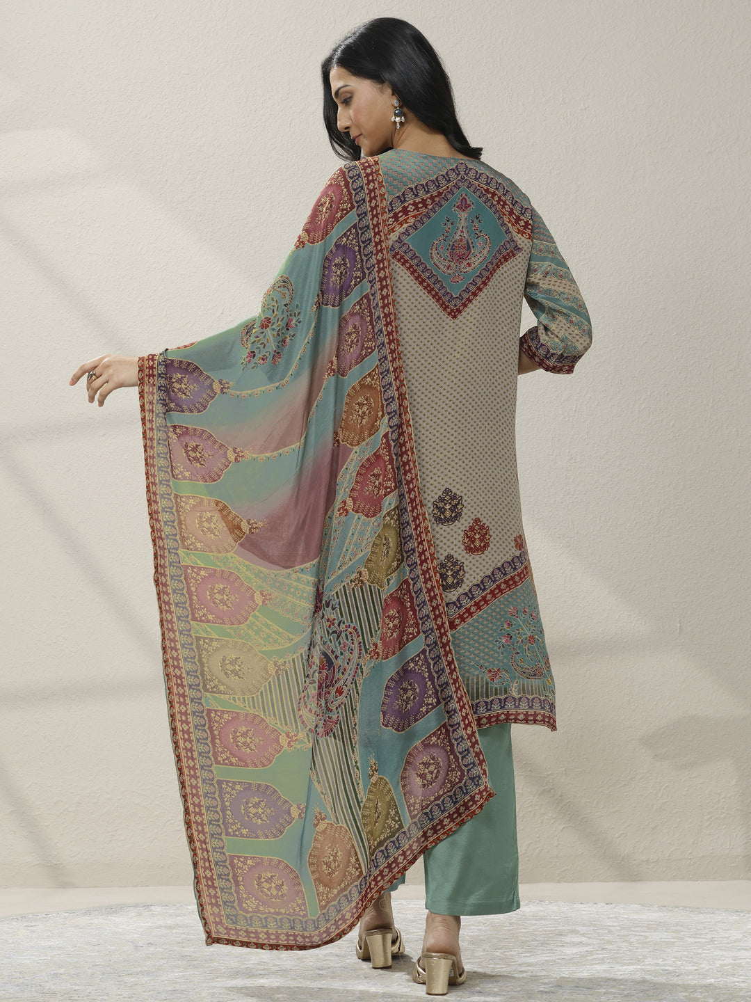 Grey Printed Muslin Straight Suit Set With Dupatta