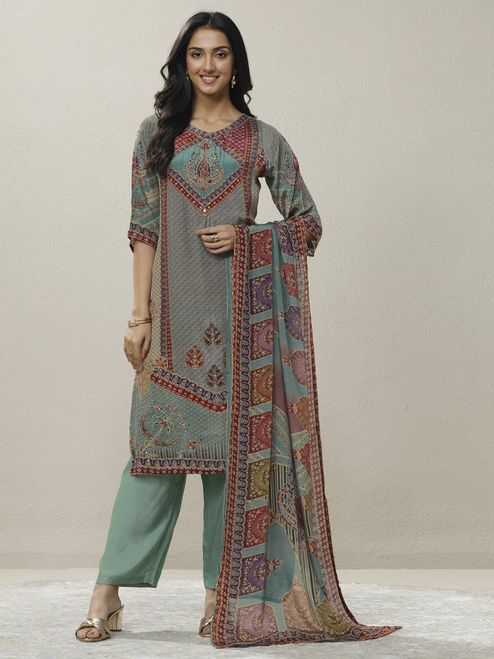 Grey Printed Muslin Straight Suit Set With Dupatta