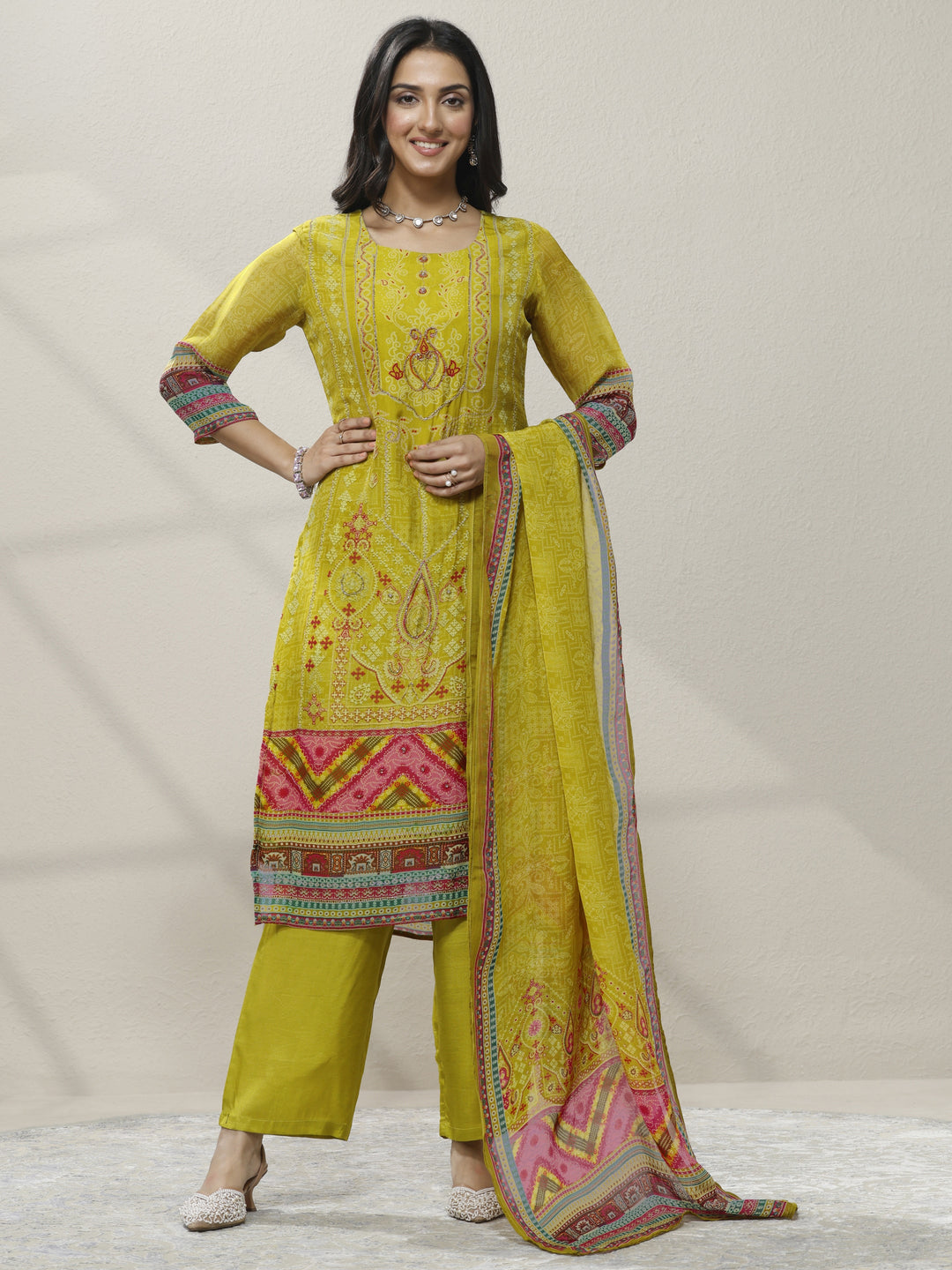Green Printed Organza Straight Suit Set With Dupatta