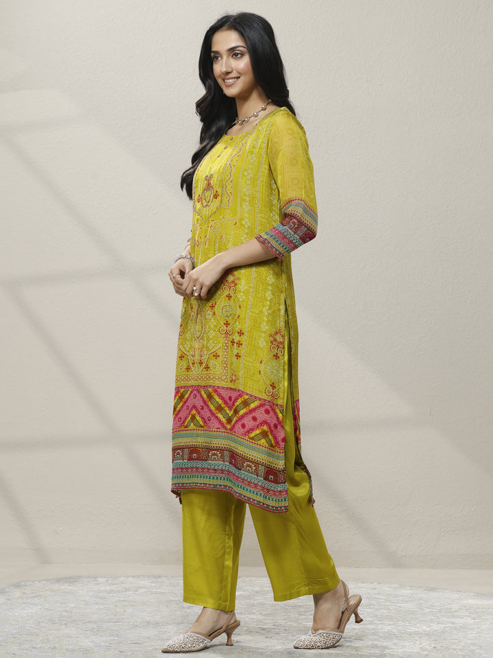 Green Printed Organza Straight Suit Set With Dupatta