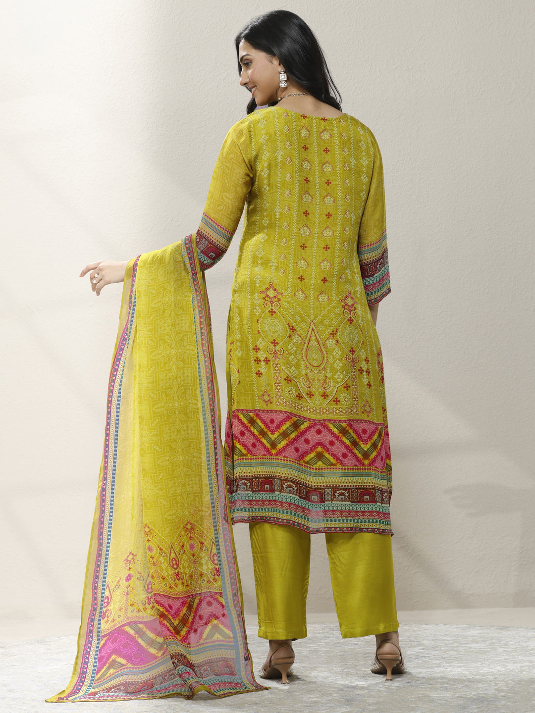 Green Printed Organza Straight Suit Set With Dupatta