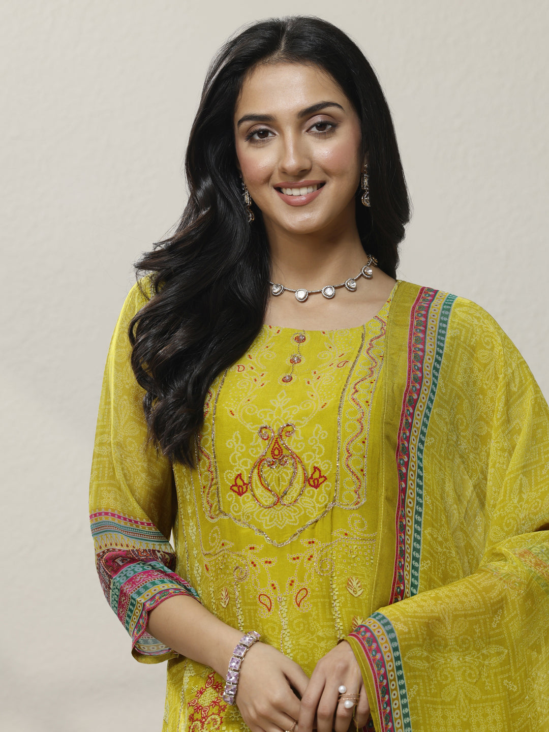 Green Printed Organza Straight Suit Set With Dupatta