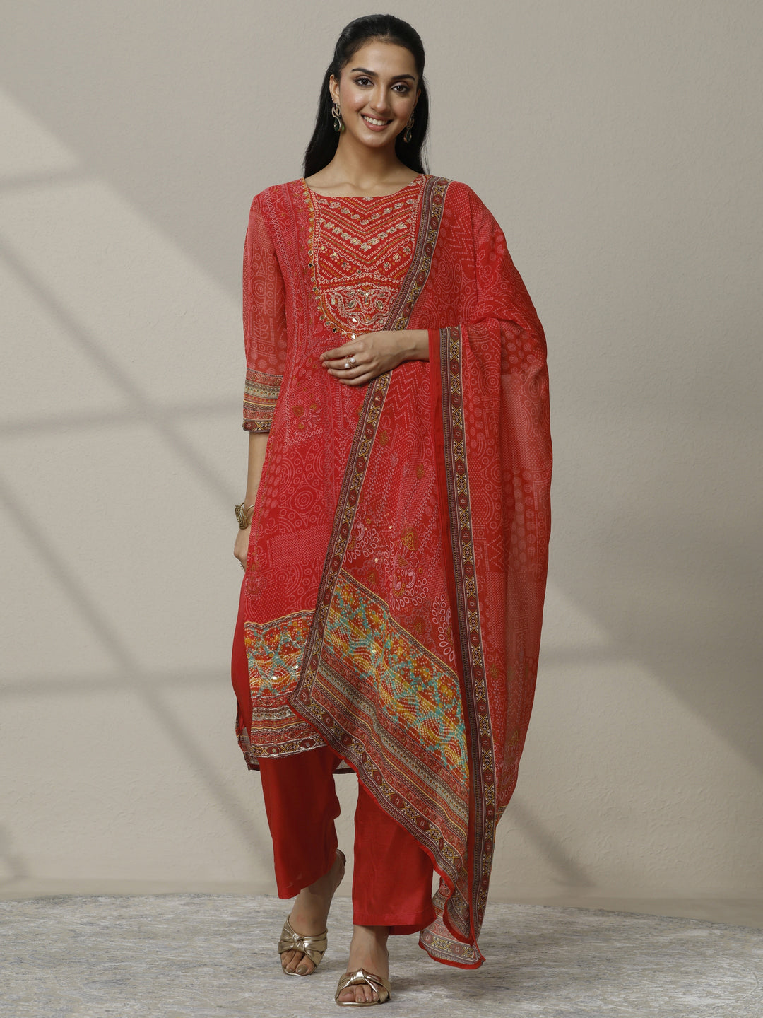 Orange Printed Organza Straight Suit Set With Dupatta