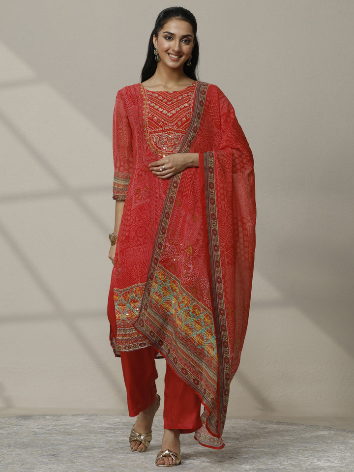 Orange Printed Organza Straight Suit Set With Dupatta