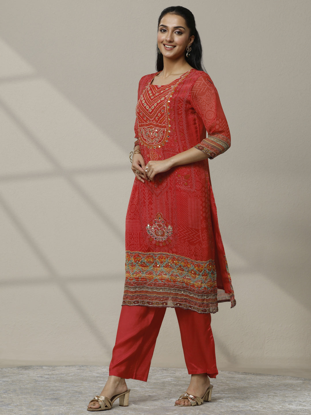 Orange Printed Organza Straight Suit Set With Dupatta
