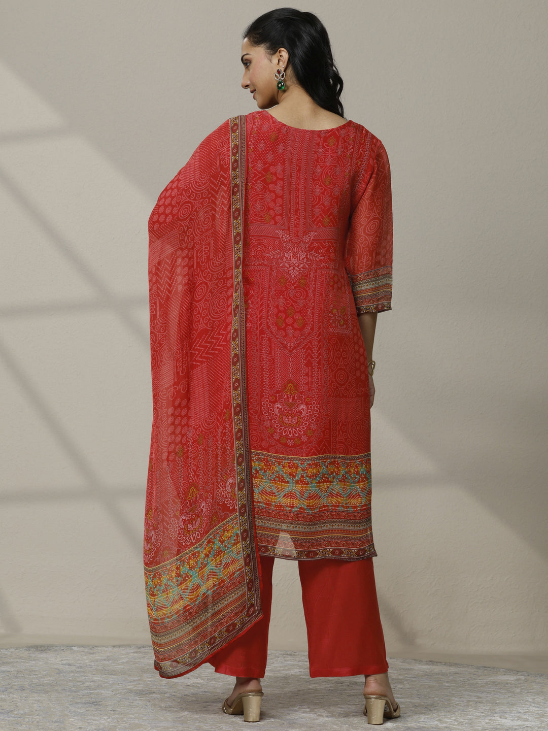 Orange Printed Organza Straight Suit Set With Dupatta