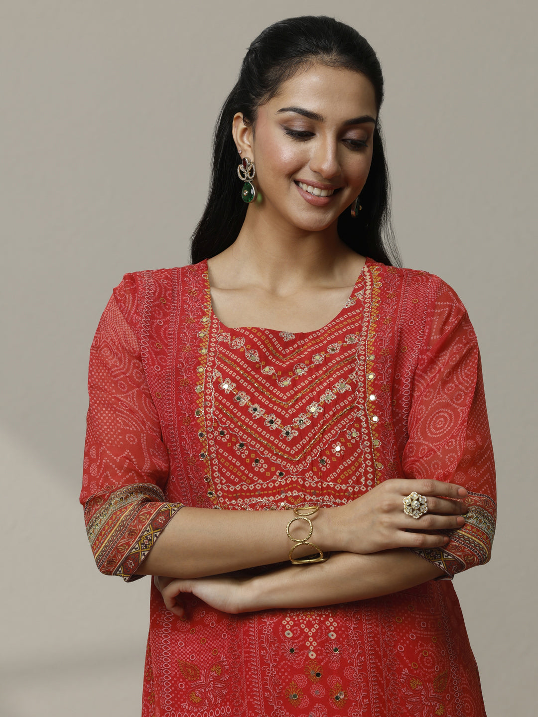 Orange Printed Organza Straight Suit Set With Dupatta