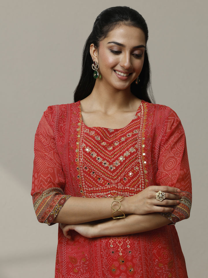 Orange Printed Organza Straight Suit Set With Dupatta