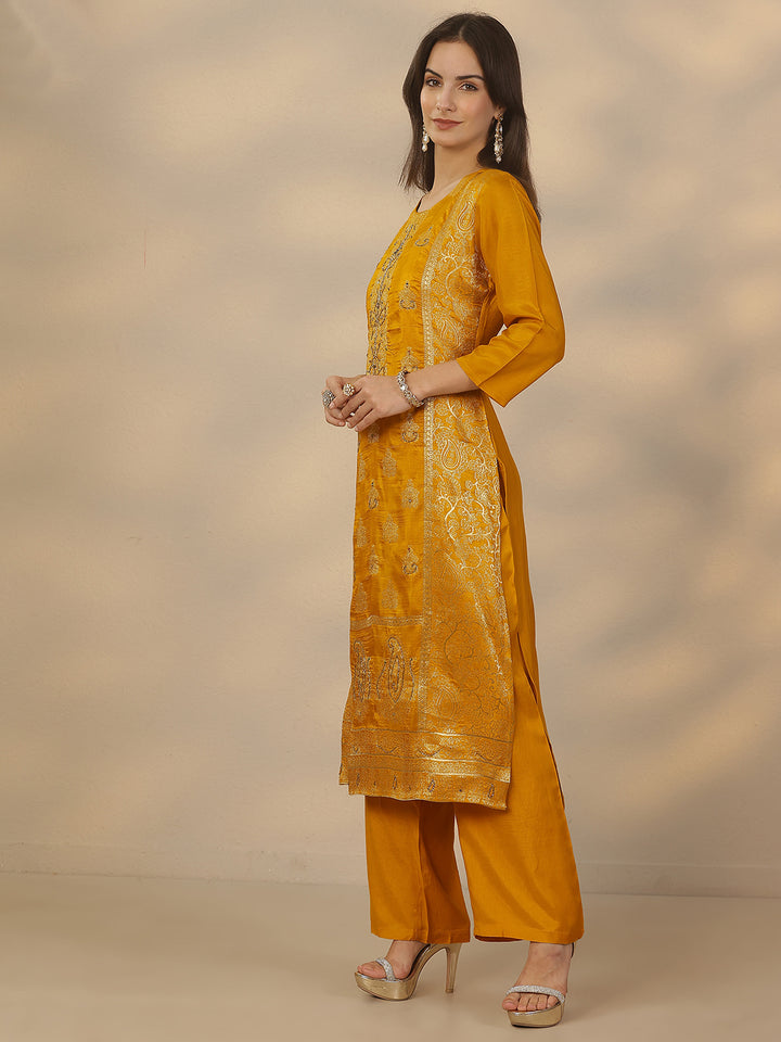 Mustard Woven Design Silk Blend Straight Suit Set With Dupatta