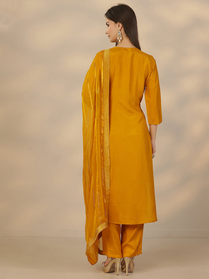 Mustard Woven Design Silk Blend Straight Suit Set With Dupatta