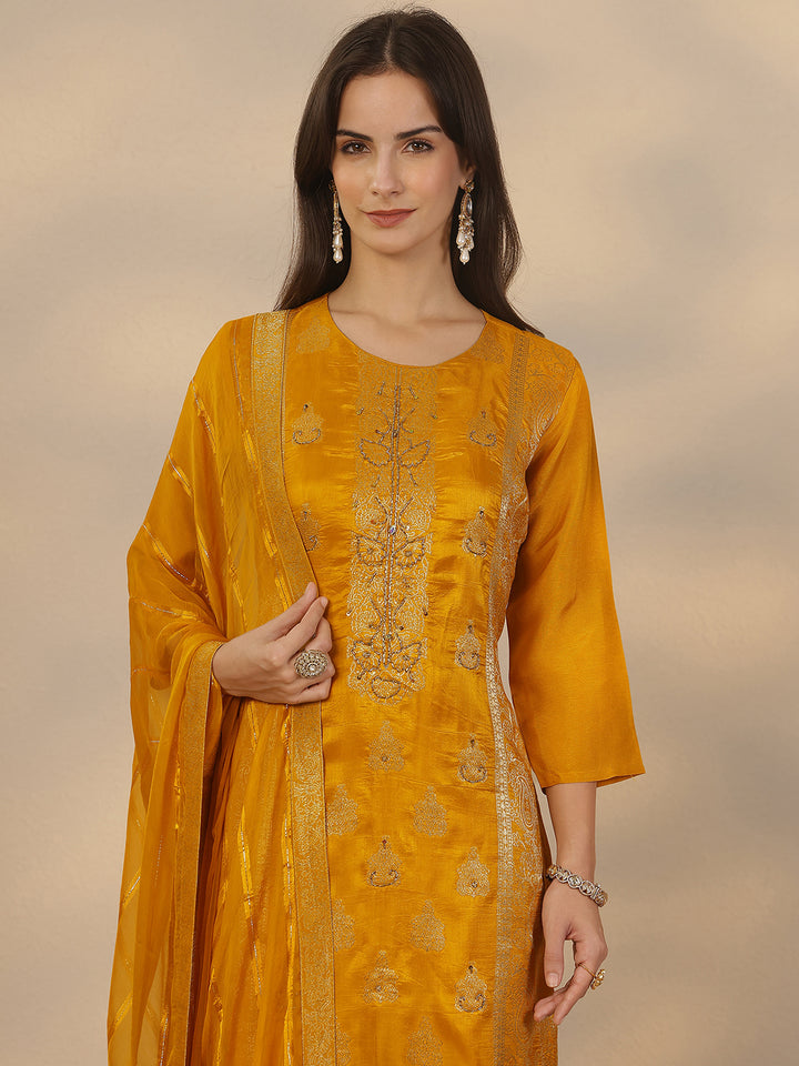 Mustard Woven Design Silk Blend Straight Suit Set With Dupatta