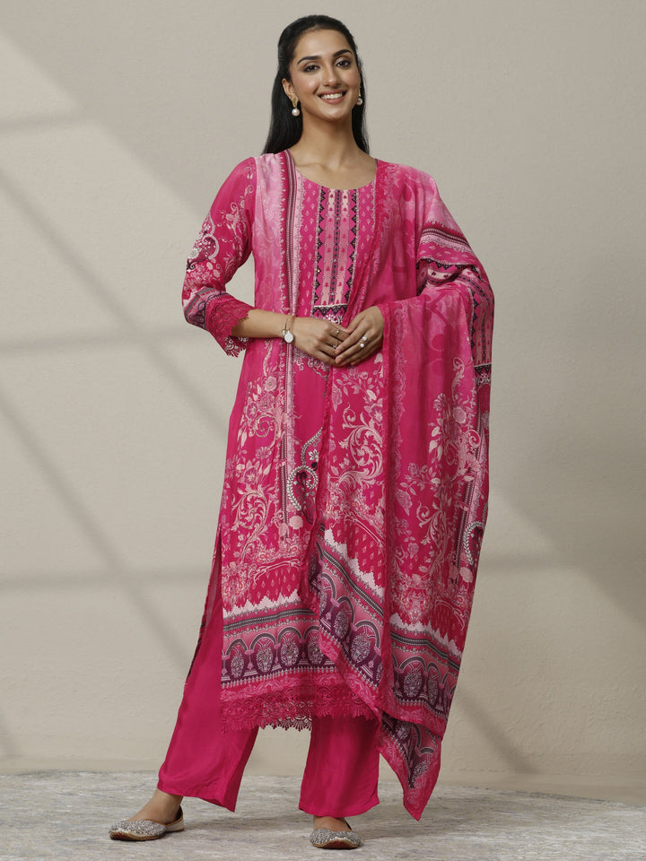 Pink Printed Muslin Straight Suit Set With Dupatta