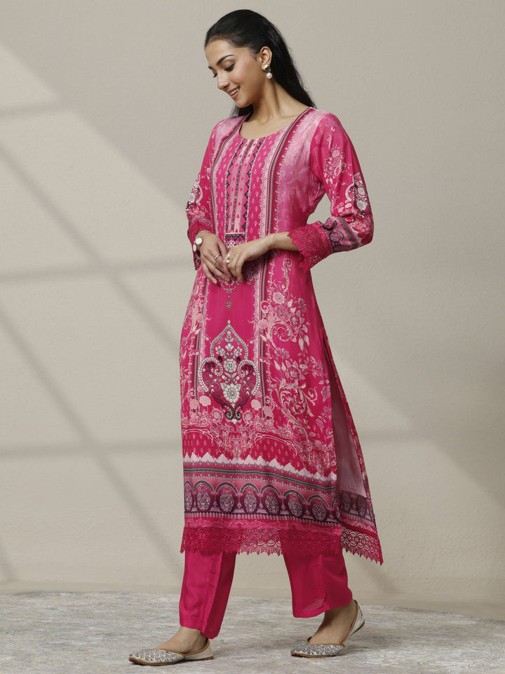 Pink Printed Muslin Straight Suit Set With Dupatta
