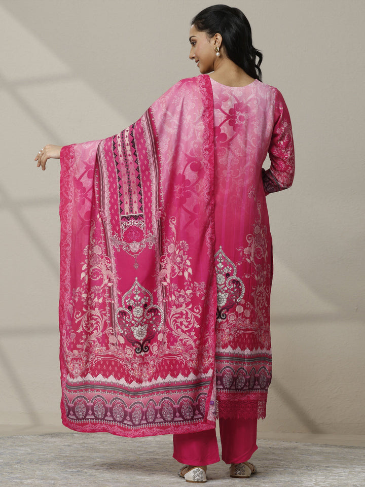 Pink Printed Muslin Straight Suit Set With Dupatta