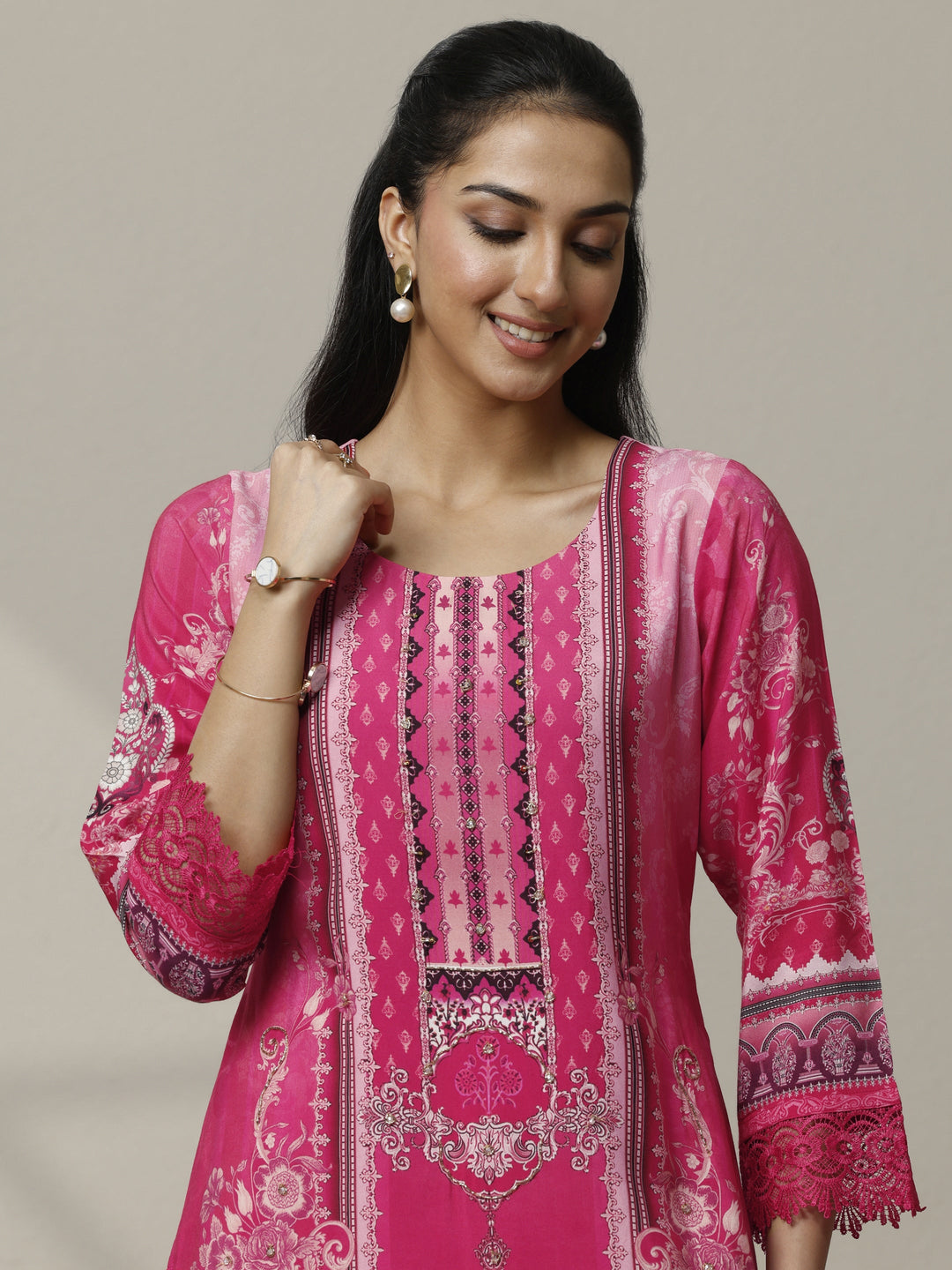 Pink Printed Muslin Straight Suit Set With Dupatta