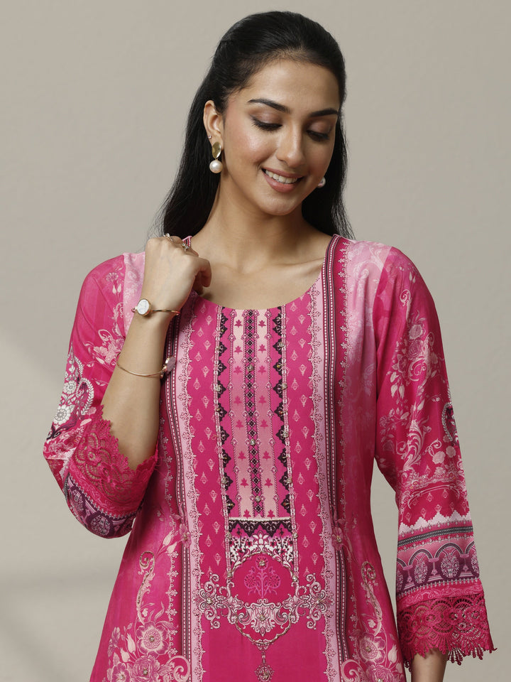 Pink Printed Muslin Straight Suit Set With Dupatta