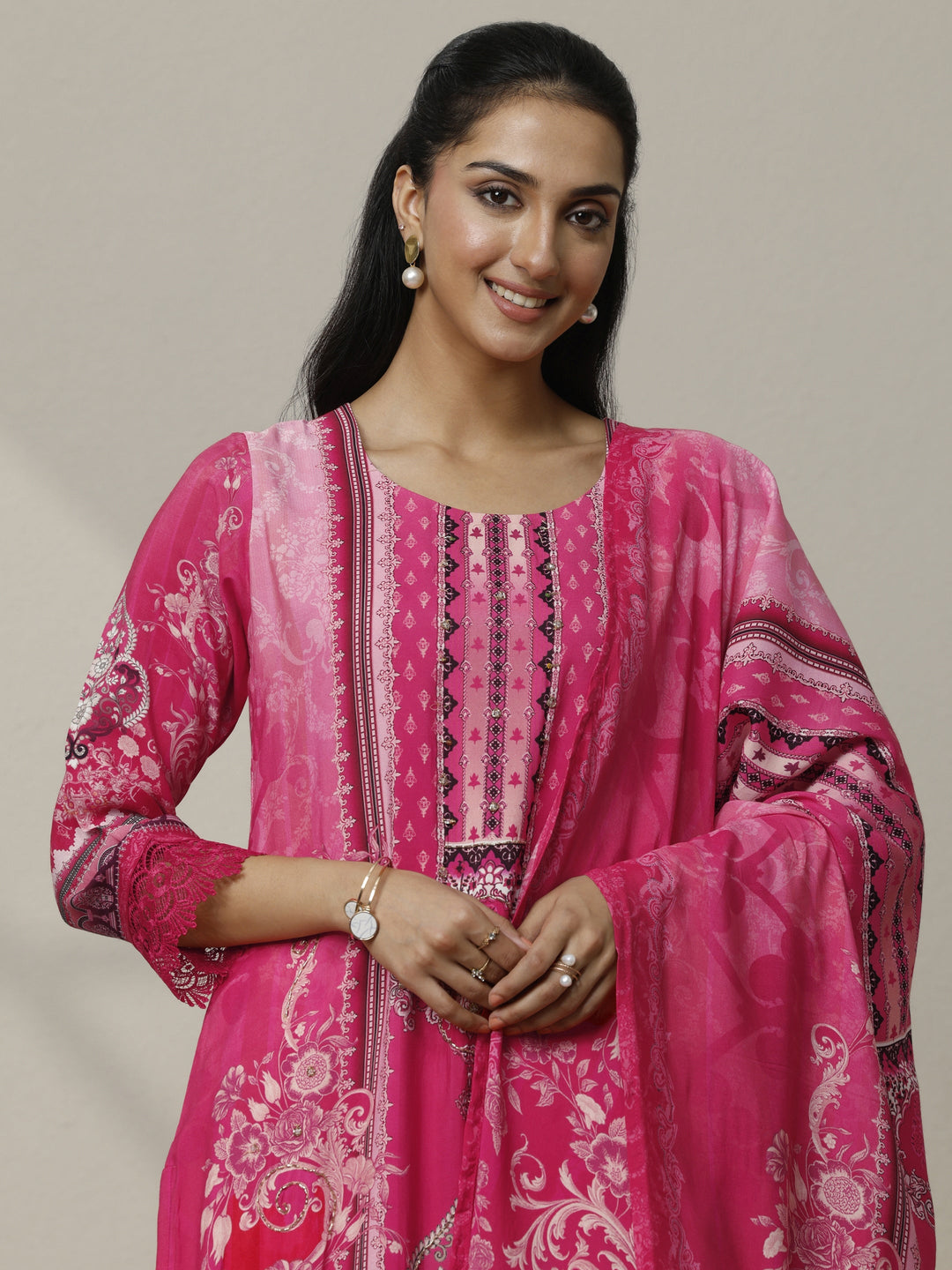 Pink Printed Muslin Straight Suit Set With Dupatta