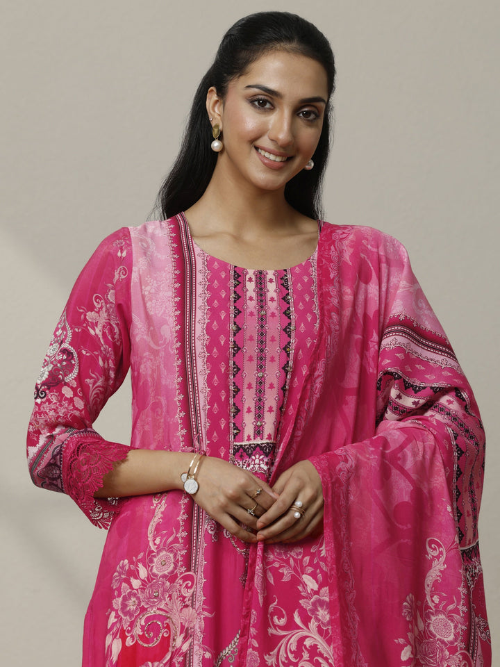 Pink Printed Muslin Straight Suit Set With Dupatta