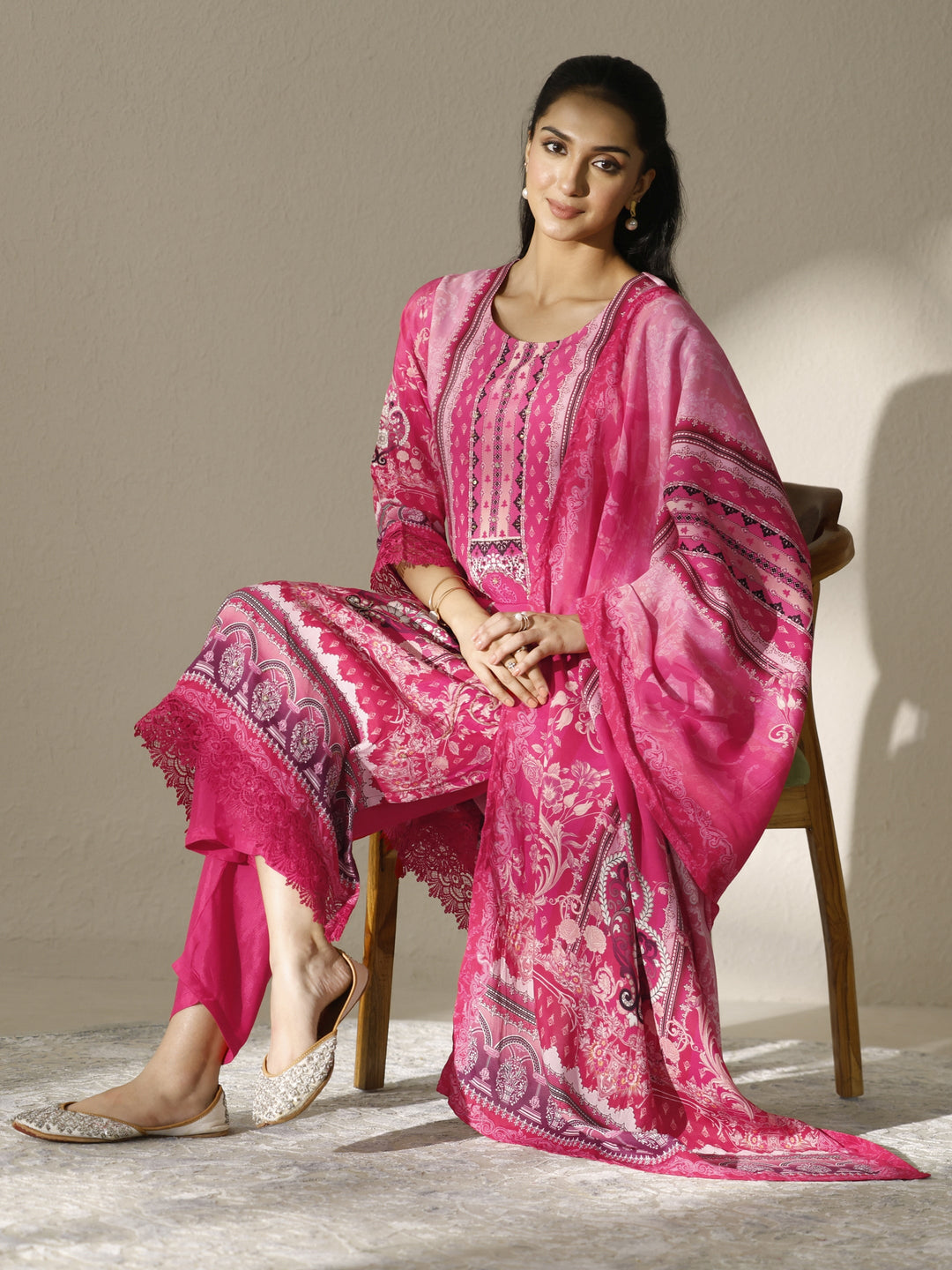 Pink Printed Muslin Straight Suit Set With Dupatta