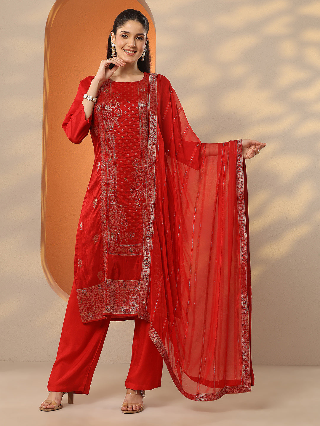 Red Woven Design Silk Blend Straight Suit Set With Dupatta