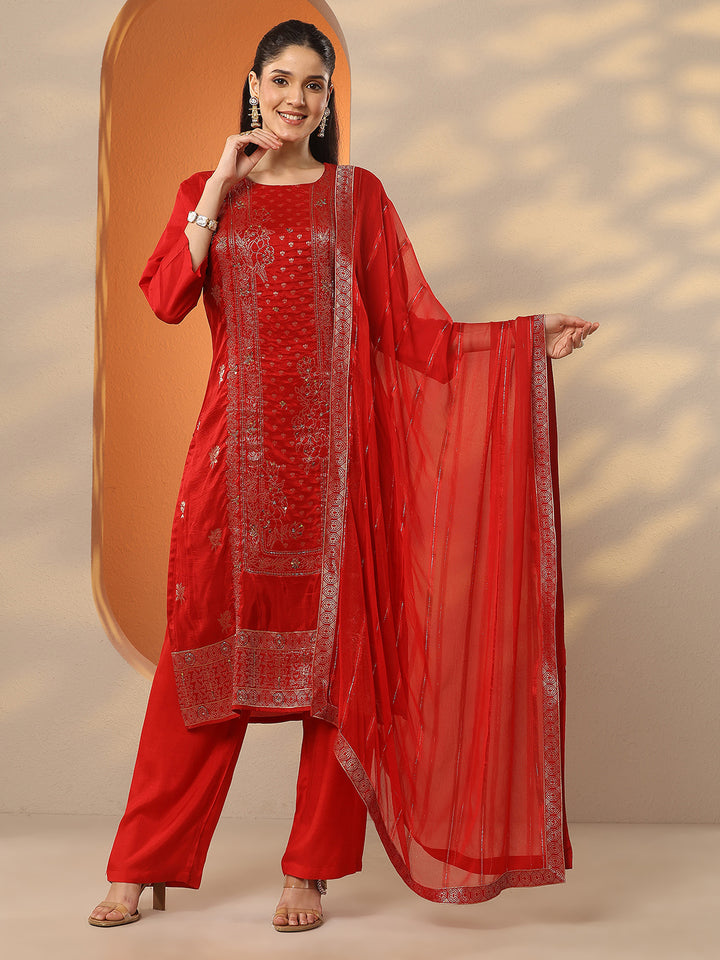 Red Woven Design Silk Blend Straight Suit Set With Dupatta