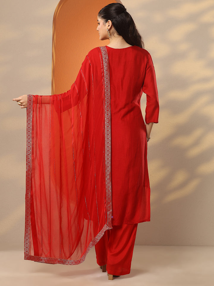 Red Woven Design Silk Blend Straight Suit Set With Dupatta