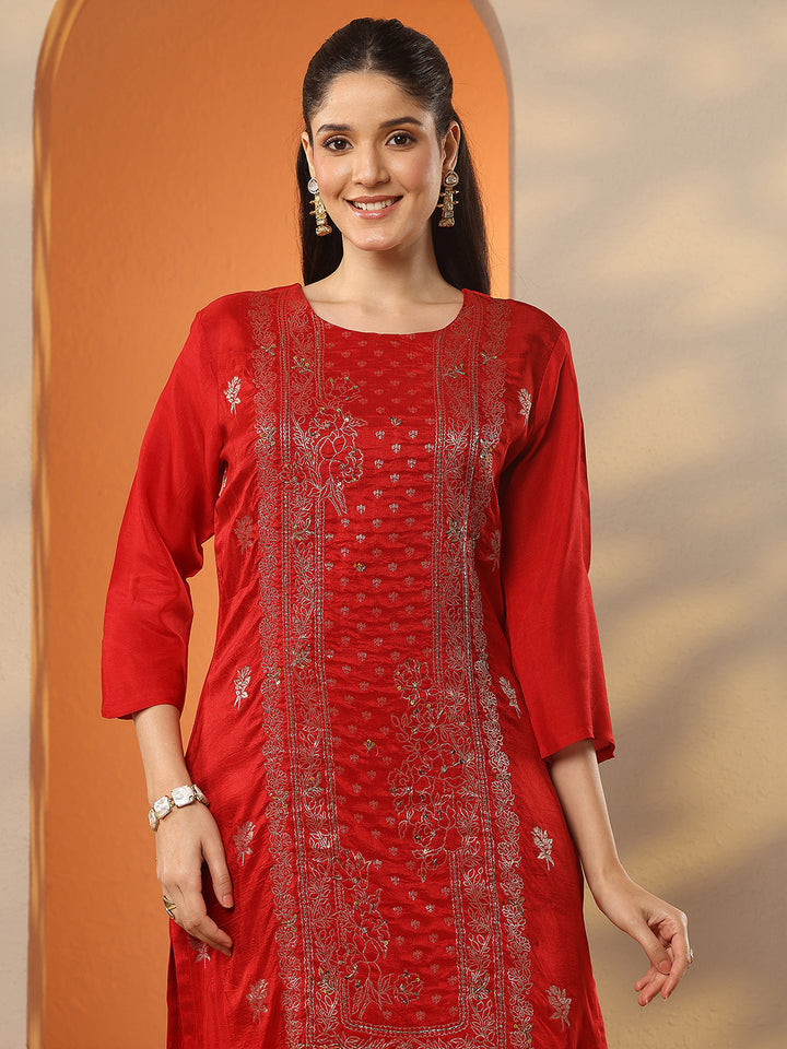 Red Woven Design Silk Blend Straight Suit Set With Dupatta
