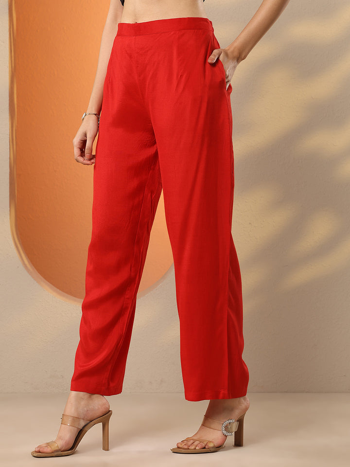 Red Woven Design Silk Blend Straight Suit Set With Dupatta