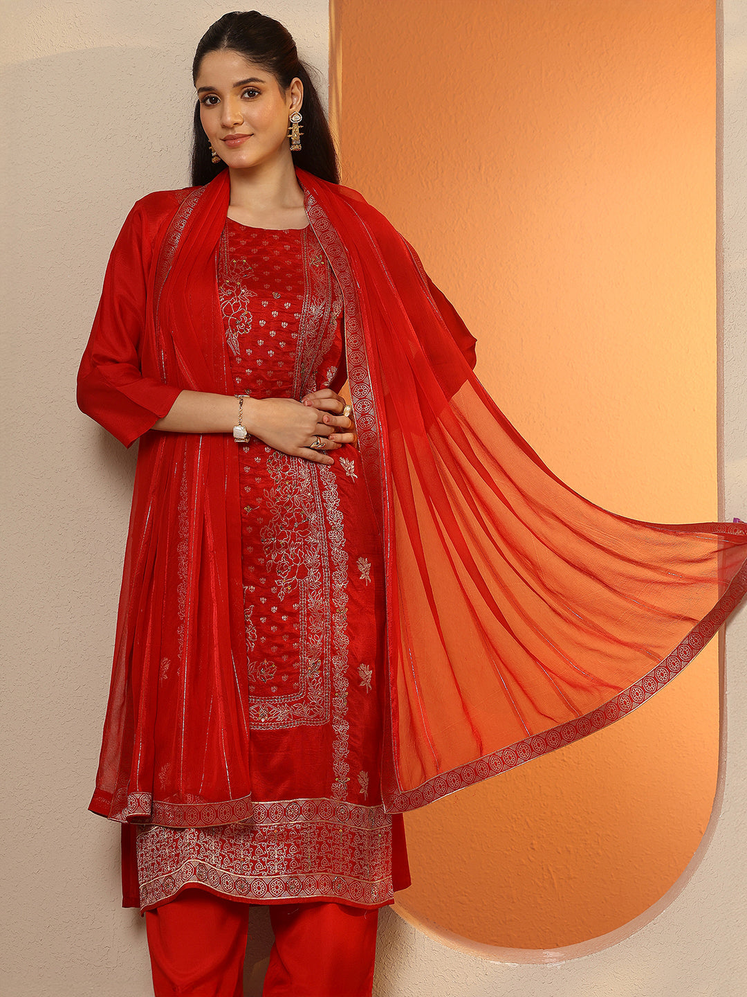 Red Woven Design Silk Blend Straight Suit Set With Dupatta