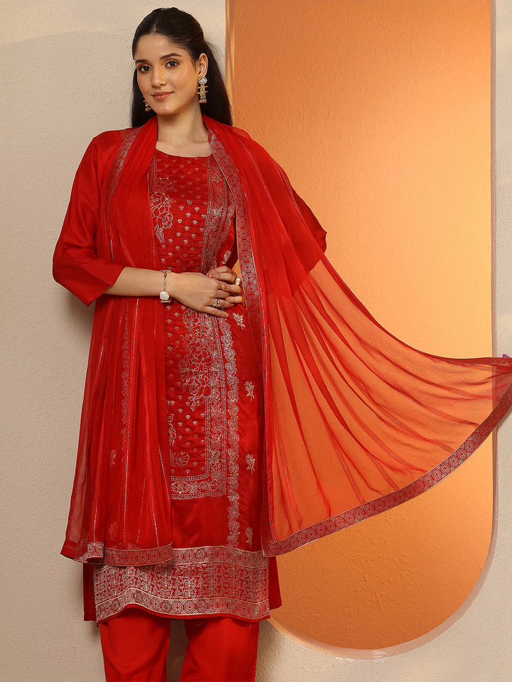 Red Woven Design Silk Blend Straight Suit Set With Dupatta