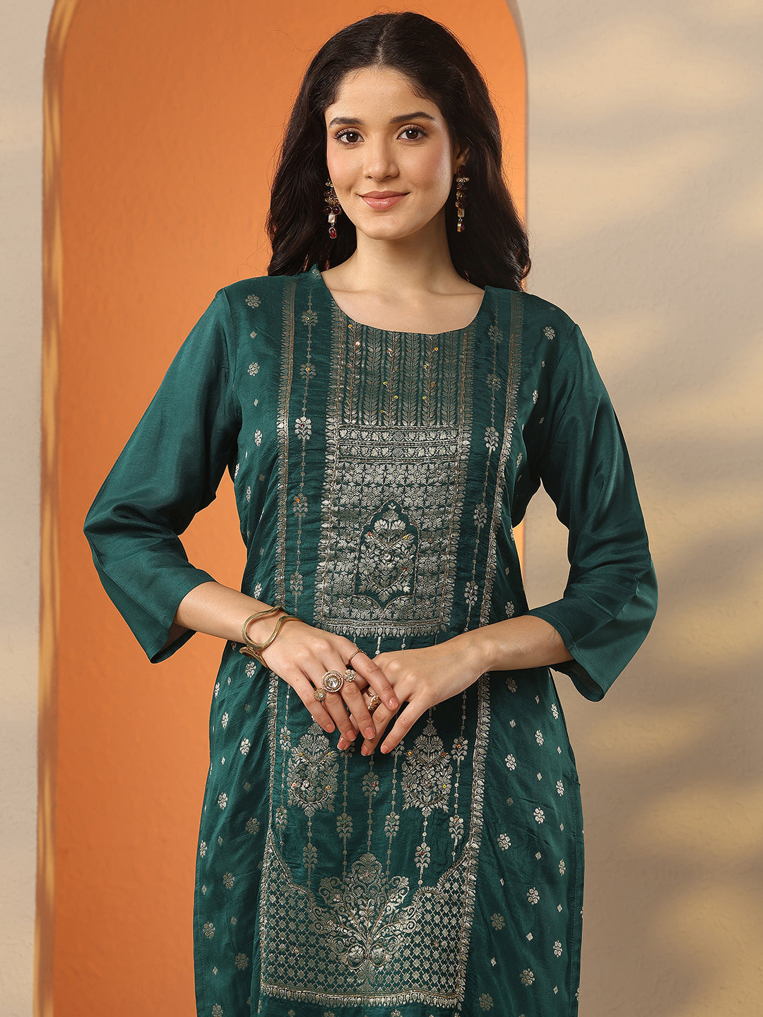 Green Woven Design Silk Blend Straight Suit Set With Dupatta