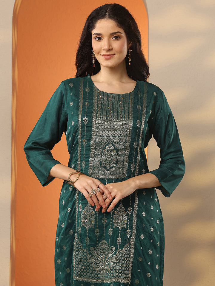Green Woven Design Silk Blend Straight Suit Set With Dupatta