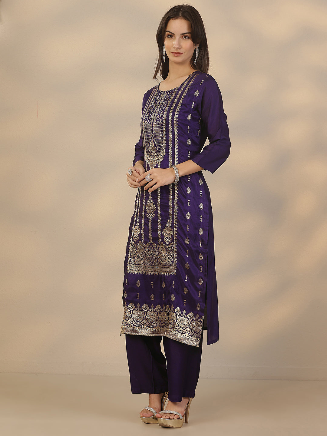 Purple Woven Design Silk Blend Straight Suit Set With Dupatta