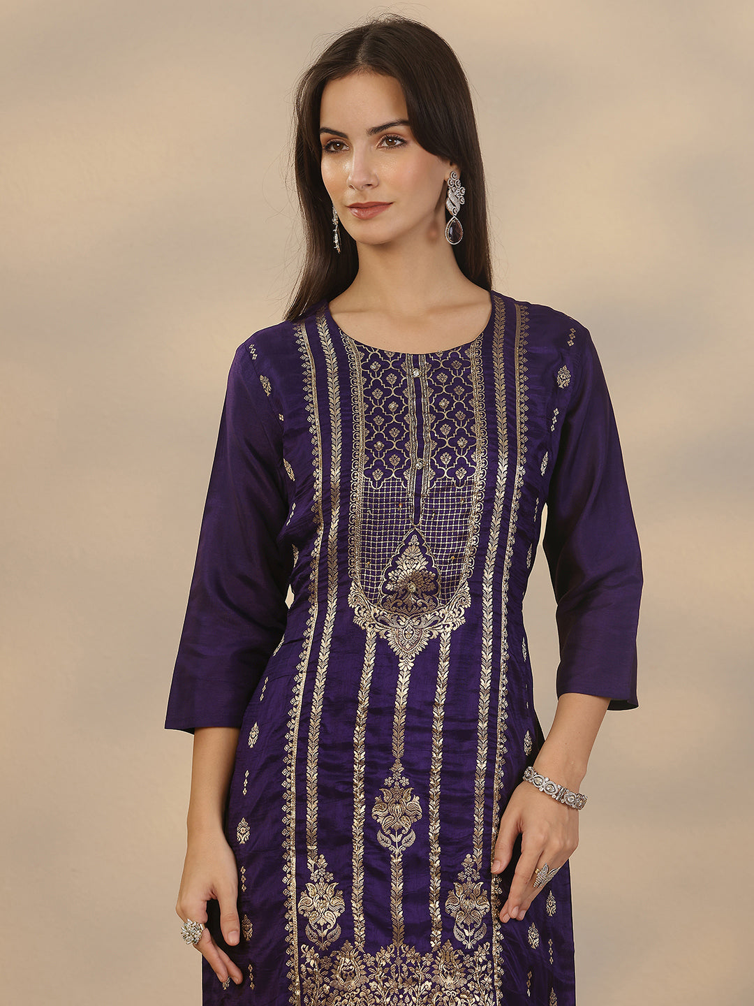 Purple Woven Design Silk Blend Straight Suit Set With Dupatta