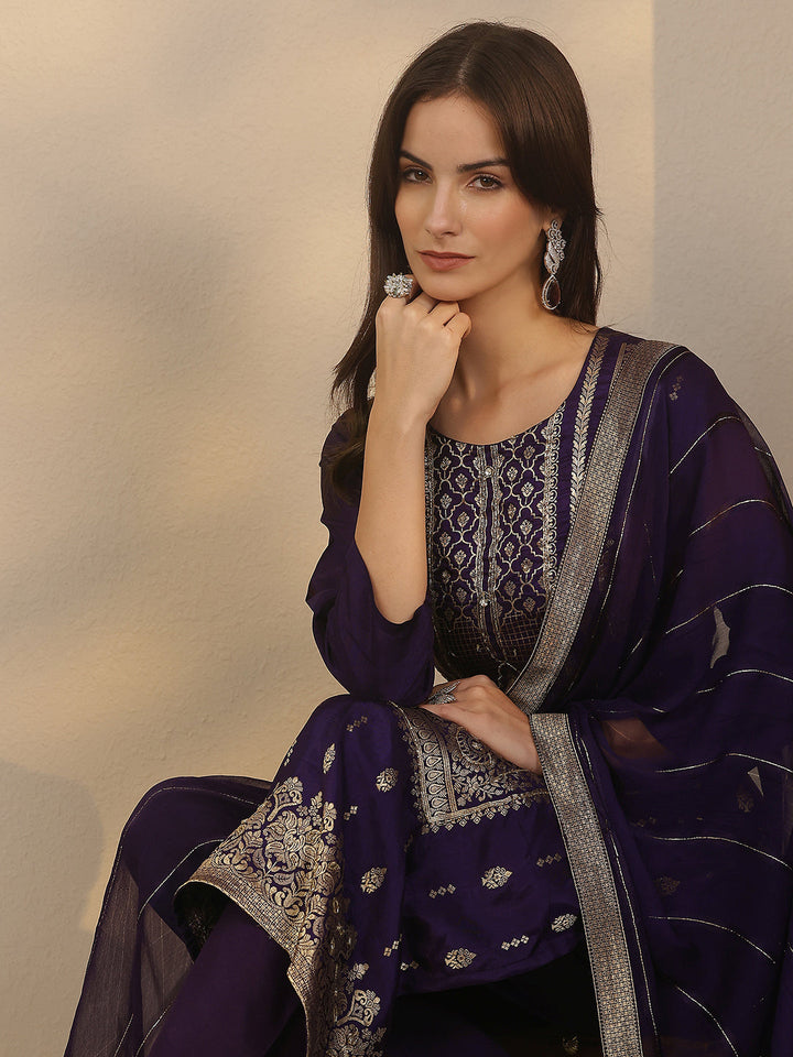 Purple Woven Design Silk Blend Straight Suit Set With Dupatta