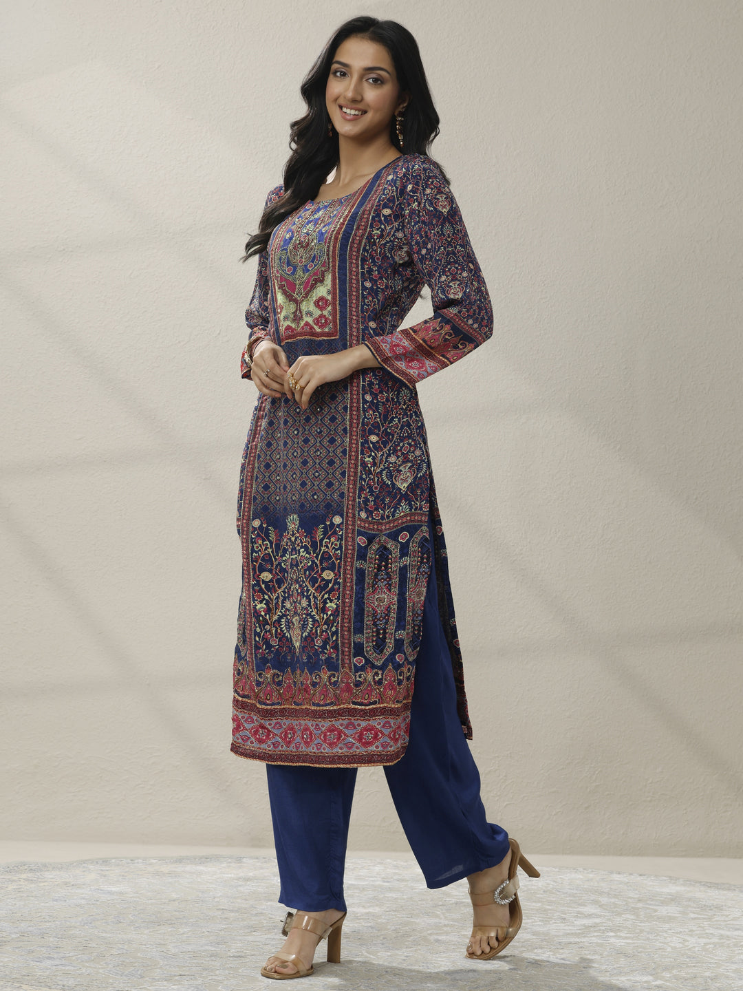 Blue Printed Muslin Straight Suit Set With Dupatta